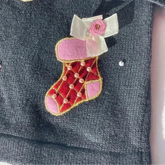 BP Design Cardigan Black Christmas Stockings Design Bead Collared Buttons Size L - Picture 2 of 12